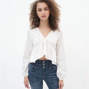 Aeropostale White Long Sleeve Embroidered V-Neck Babydoll Top